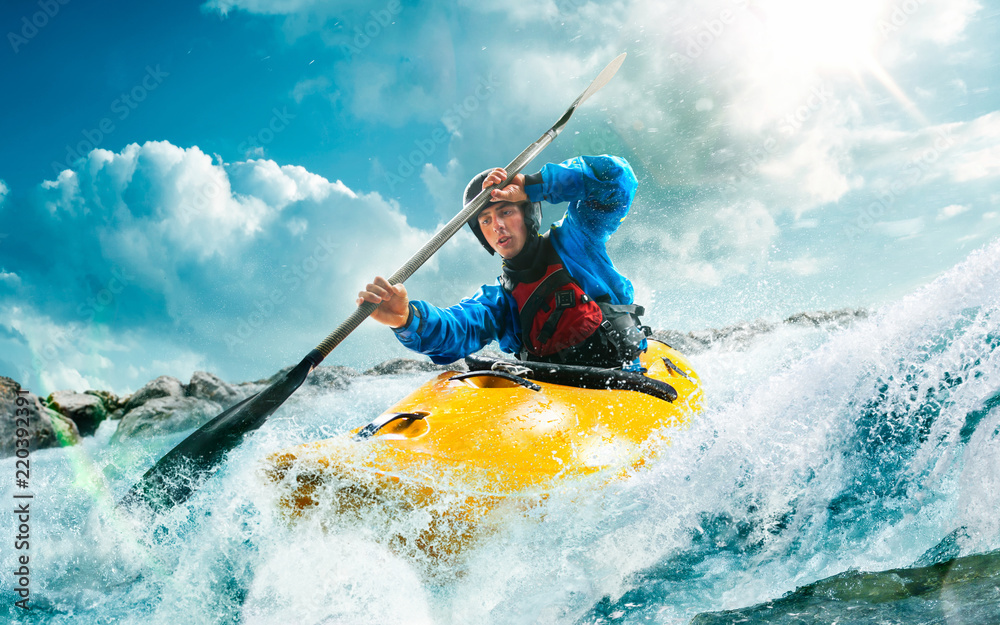 Whitewater kayaking, extreme kayaking - obrazy, fototapety, plakaty 