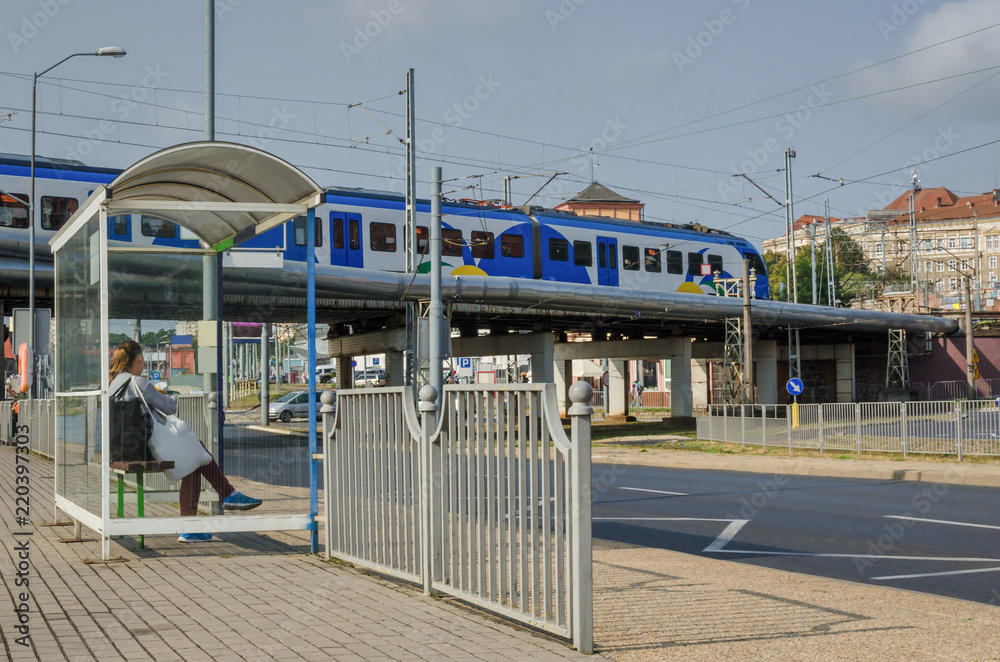 CITYSCAPE - Regional train on the viaduct in Szczecin - obrazy, fototapety, plakaty 