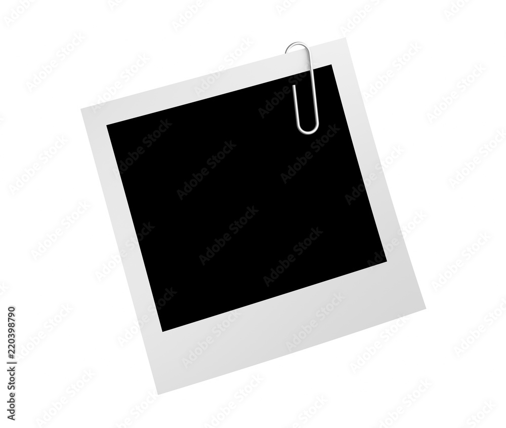 Blank retro photo frame and paper clip isolated on white background for office business concept, attached to paper. 3d illustration - obrazy, fototapety, plakaty 