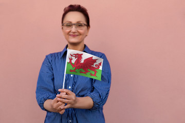 Wall Mural - Wales flag. Woman holding Wales flag. Nice portrait of middle aged lady 40 50 years old with a national flag over pink wall background outdoors.