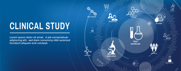 Medical Healthcare Icons with People Charting Disease or Scientific Discovery Header Banner