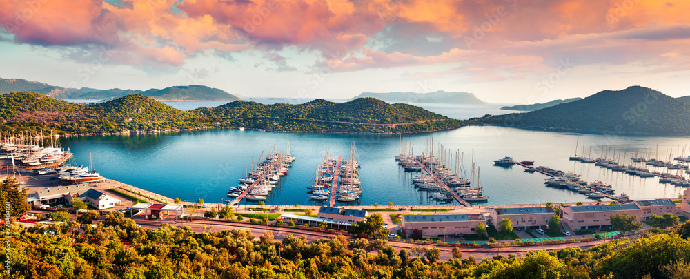 View from the bird's eye of the Kas city, district of Antalya Province of Turkey, Asia. Colorful spring panorama of small Mediterranean yachting and tourist town - obrazy, fototapety, plakaty 