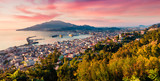 Fototapeta Niebo - Aerial view of Zakynthos (Zante) town. Colorful spring sunrise on the Ionian Sea. Beautiful cityscape panorama of Greece city. Traveling concept background. Artistic style post processed photo.