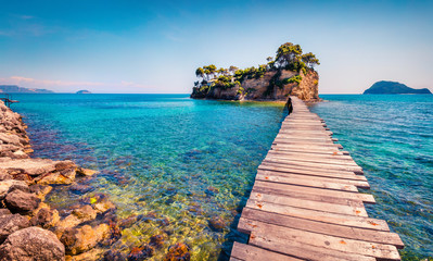 Sticker - Bright spring view of the Cameo Island. Picturesque morning scene on the Port Sostis, Zakinthos island, Greece, Europe. Beauty of nature concept background.