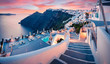 Leinwandbild Motiv Great evening view of Santorini island. Picturesque spring sunset on the famous Greek resort Fira, Greece, Europe. Traveling concept background. Artistic style post processed photo.