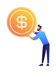 Poster - Businessman holding a huge dollar coin vector illustration