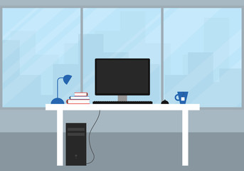 Poster - Office with a large window and city views. White desk with black computer, monitor and keyboard with mouse, tea cup and book. Flat design.