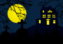 A Haunted House On A Hill Above A Graveyard With Tombstones, Horror Blue Sky And Yellow Full Moon And Dead Branches Of A Tree - For Halloween Party Invitation