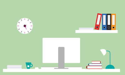 Poster - Flat design office illustration with white desk, computer with monitor, lamp and tea pot, shelf with files and books. Green wall with clock.
