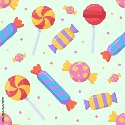 Fototapeta na szkło Śliczny cukierku i lolipop bezszwowy wzór na lekkim tle. Ilustracji wektorowych.