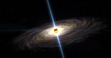 Fototapeta  - A black hole in space with gamma ray beams, ionised gas matter disk and gravity distortion in spacetime. As illustration or background. 3D rendering.