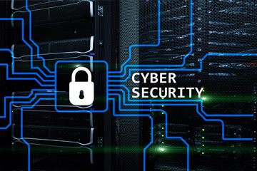 Cyber security, information privacy and data protection concept on server room background.