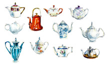 Collection Teapots. Tea Time Set. Watercolor Hand Drawn Illustration. 
