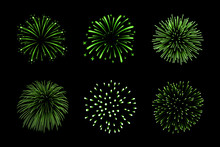 Beautiful Green Fireworks Set. Bright Fireworks Isolated Black Background. Light Green Decoration Fireworks For Christmas, New Year Celebration, Holiday Festival, Birthday Card. Vector Illustration