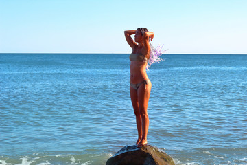 Wall Mural - beautiful brunette girl on the ocean