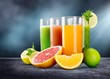 Tasty fruits and juice on wooden table