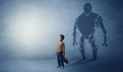  Little boy s self image appear as a big robotman shadow on his background
