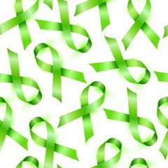 Canvas Print - Lymphoma cancer green ribbon isolated on white background. Seamless pattern.