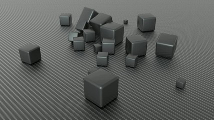 Poster - 3D animation of falling metal cubes on a metal surface.