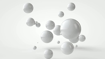 Poster - 3D animation of many white balls moving in space.