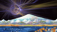 The Volcano Of Fujiyama, Japan, On The Background Of A Nightly Fantastic Cosmic Sky With Galaxies And Stars. Lake With Trees On The Shore On The Foreground.Oil Painting And Digital Fractal Graphics.