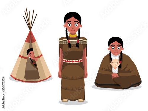 Native American Woman Poses Cartoon Vector Illustration