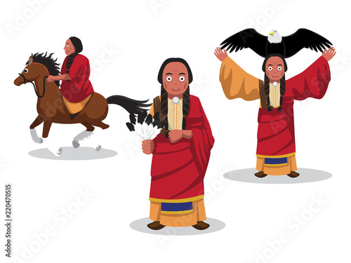 Native American Comanche Poses Cartoon Vector Illustration