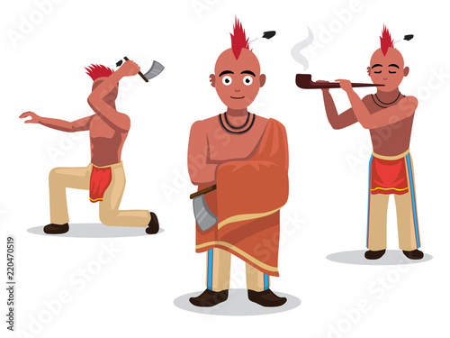Native American Axe Warrior Poses Cartoon Vector Illustration
