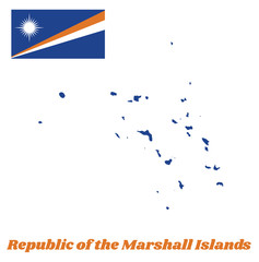 Map outline and flag of Marshall. A blue field with two diagonal stripes of orange and white and the large white star. with name text Republic of the Marshall Islands.