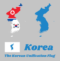 Wall Mural - Map outline of North Korea, South Korea and Korean Peninsula  and flag of the both with The Korean Unification Flag, when North and South Korea participate as one team in sporting events.