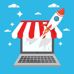 Wall Mural - Rocket launch from laptop online shop or store represent as high success growing business or start up illustration