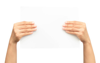 Wall Mural - Woman hand holding the paper isolated on white background