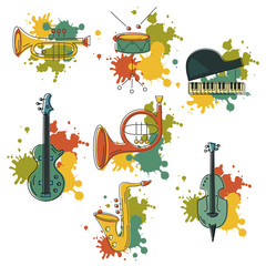 Vector set with music instrument: guitar, piano, saxophone, cornet, french horn, violin, drum. Flat style.