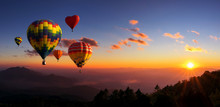 Hot Air Balloons With Landscape Mountain.