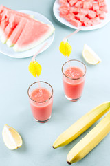 Watermelon smoothie with banana and lemon. Summer healthy refreshment drink