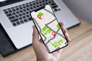 Poster - gps map to route destination network connection location street map with gps icons navigation