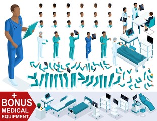 Wall Mural - Isometric Doctor African American, create your 3d paramedic, sets of gestures of legs and hands, emotions and hairstyles. Bonus medical equipment, set 3