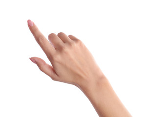 woman pointing to something on white background, closeup