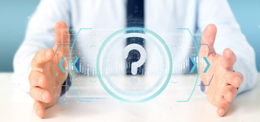 Poster - Man holding a Technology question mark icon on a circle 3d rendering