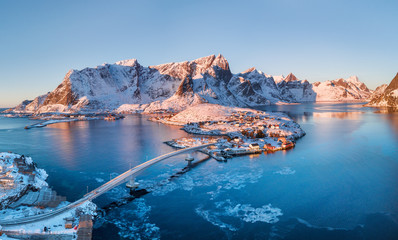 Wall Mural - aerial view at the lofoten islands, norway. mountains and sea during sunset. natural landscape from 