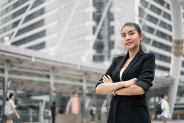 Portrait Confident Business woman at outdoors in city. Confidence and Successful concept background for advertising.