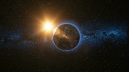 Wall Mural - space view on planet earth and sun star rotating on its axis in black universe. milky way in the bac