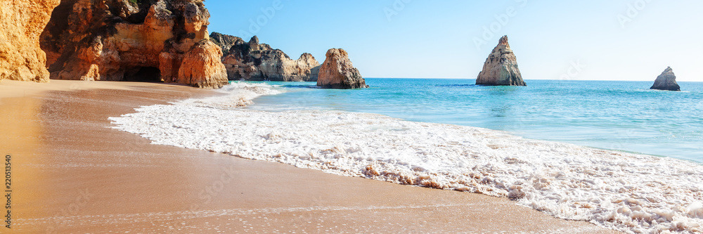Summer sandy beach (Algarve, Costa Vicentina, Portugal).  Beautiful natural summer vacation travel concept. - obrazy, fototapety, plakaty 