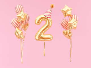 Number Two 3d rendering. Two-year anniversary or birthday with party hat and bunch of foil balloons.