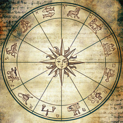 astrology wheel with zodiac signs and sun symbol like in old vintage style astrological esoteric bac