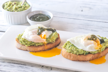 Wall Mural - Sandwiches with guacamole and poached eggs