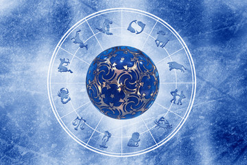 Wall Mural - Zodiac signs with astrology wheel and magic ball over blue grunge vintage background 