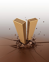 Poster - Chocolate wafer flying on the Broken or Cracked chocolate floor, 3d illustration with Clipping path.