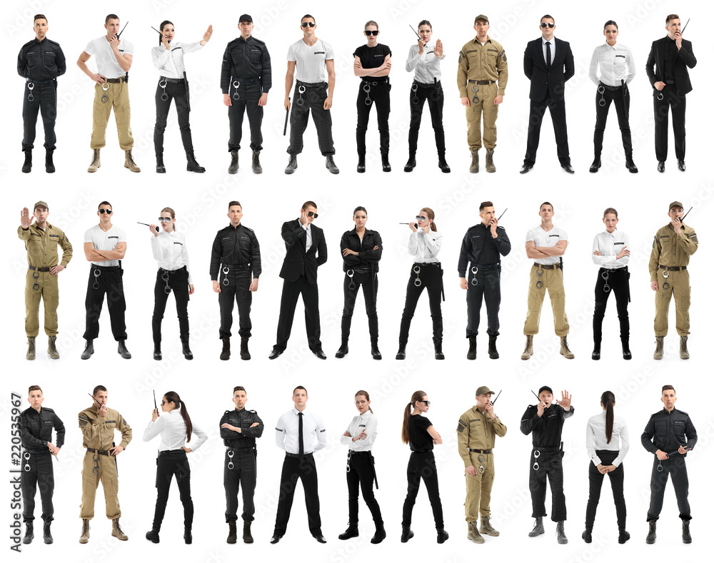 Set with security guards on white background - obrazy, fototapety, plakaty 