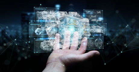 Poster - businessman using wireframe holographic 3d digital projection of an engine